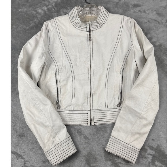 Mirti Jackets & Blazers - Mirti Italian Leather Jacket White Black Contrast Stitch Moto Firenze Italy 44